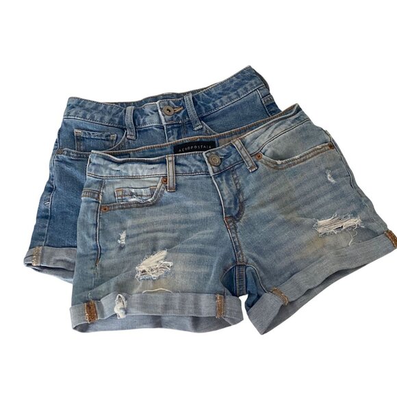 Lot of 2 Denim Shorts Blue 5 Pocket Arizona Jean Co, Aeropostale MIDI Grunge Wom - Picture 1 of 16